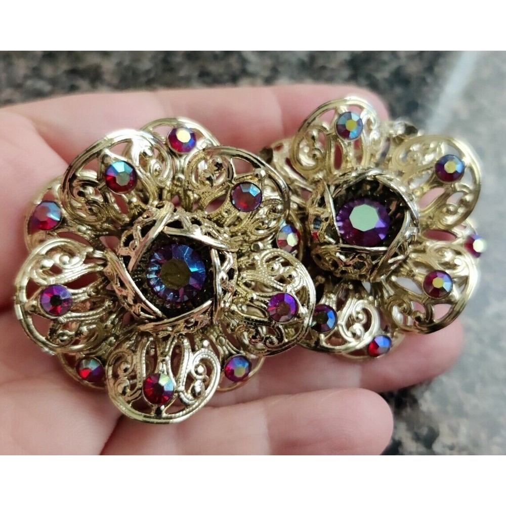 Vintage 1960s Sarah Coventry flower earrings pink red AB crystal rhinestones